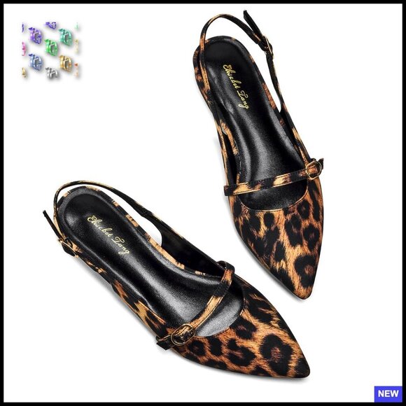 Shoes - Slingback Flats with Rhinestone Pointed Toe Dressy Elegant Low Heel Adjustable